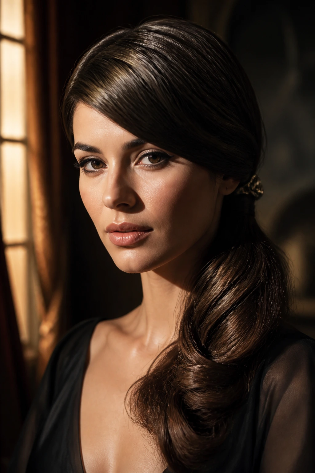 Close-up portrait of a woman with a dramatic deep side part and glossy low ponytail in a moody film-set backdrop.