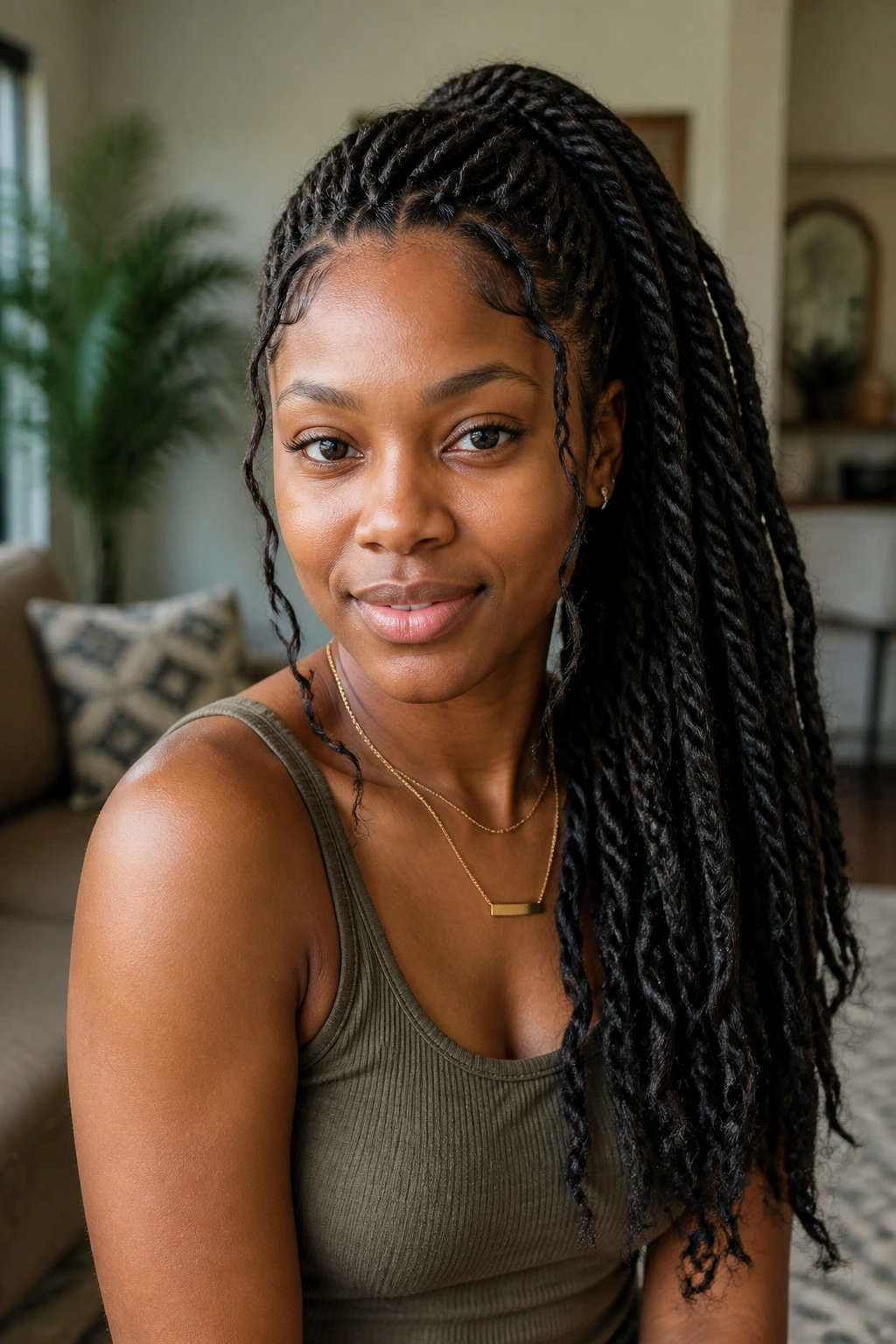 Close-up of a woman with a side ponytail Marley twists under natural window light.