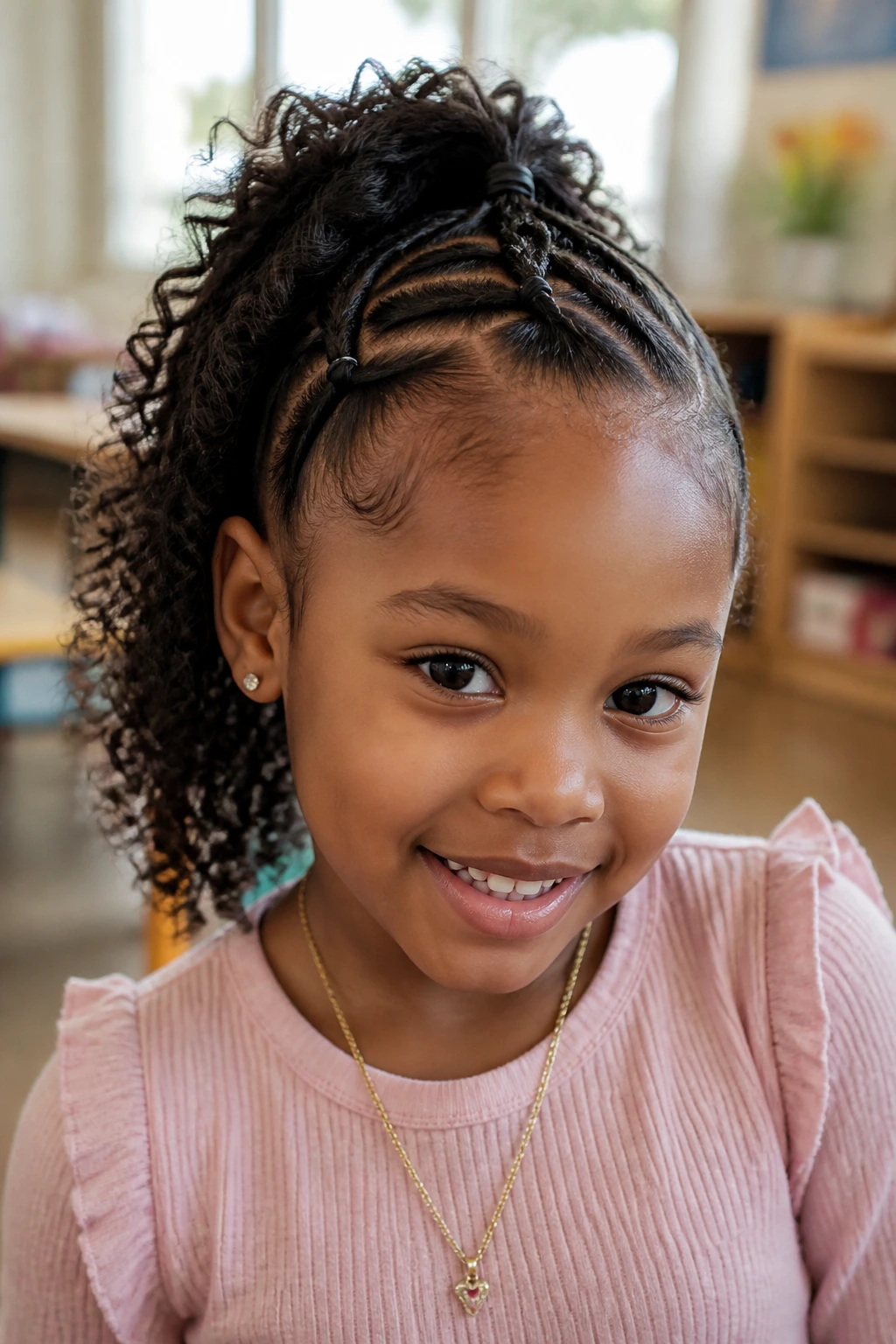 Close-up of a girl with side ponytails converging into a mohawk