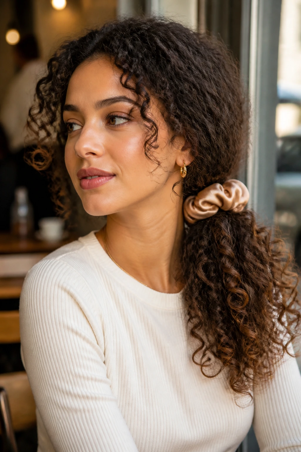 Real woman with a side ponytail secured by a satin scrunchie in a cozy cafe.