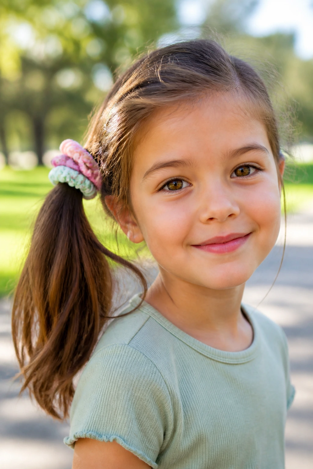 Close-up of a girl with a side ponytail and scrunchies