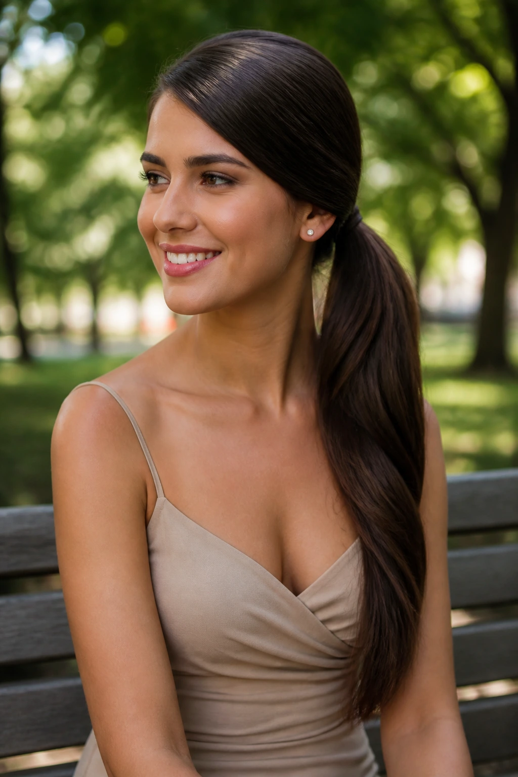 Three-quarter portrait of a real woman with a side-swept ponytail