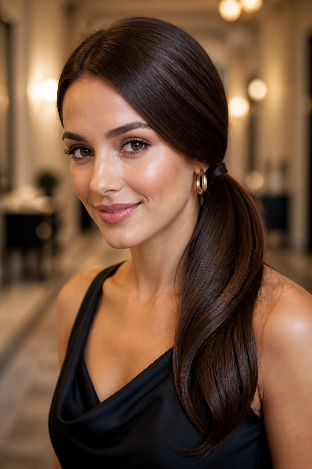 Real woman with side ponytail swept below cheekbone in warm light