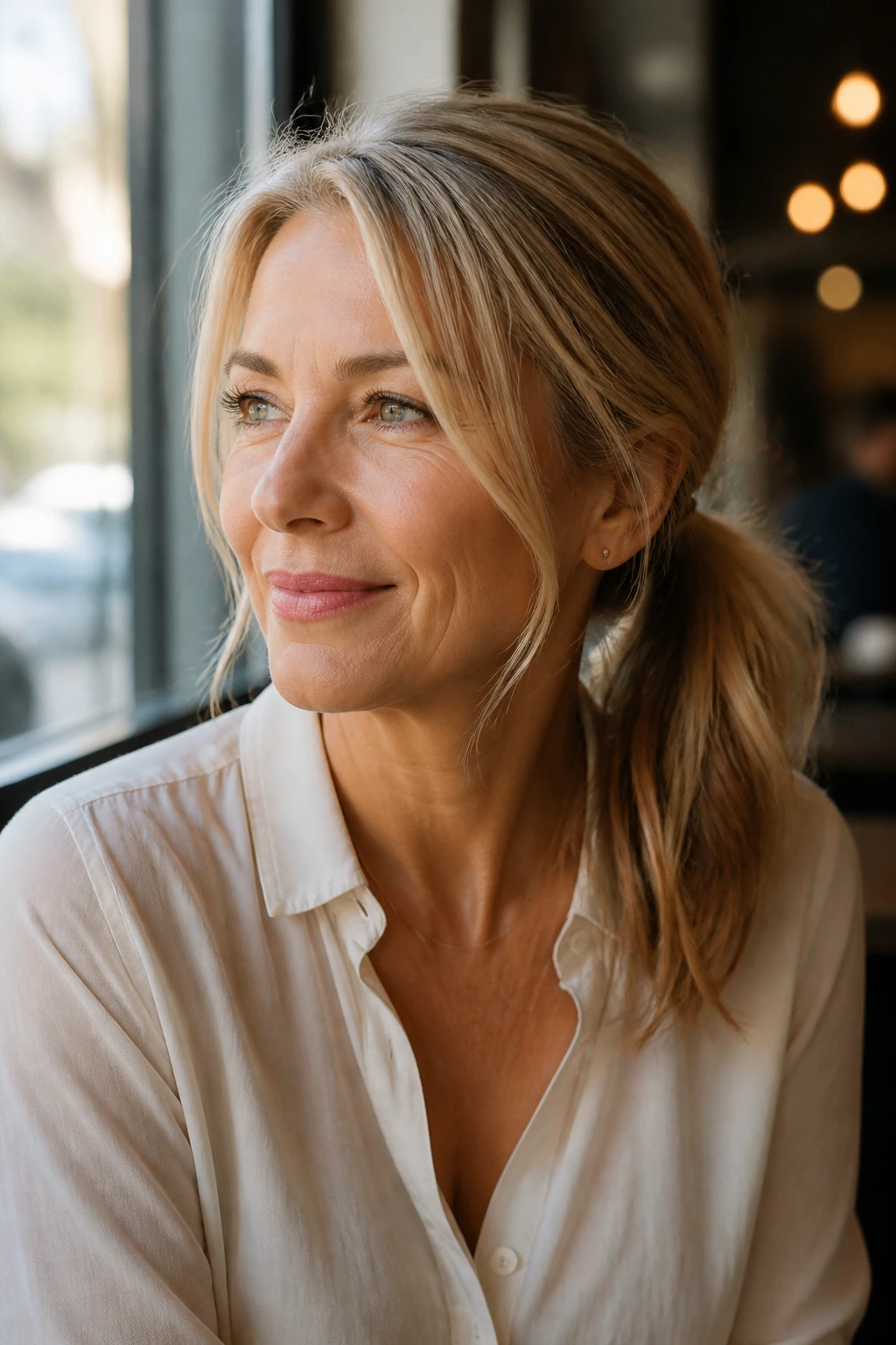 Portrait of a woman with a soft side ponytail behind the ear.