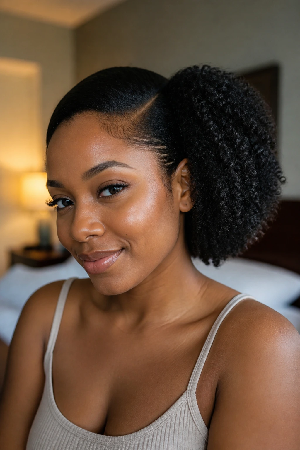 Close-up of a real woman with a side puff hairstyle at the jawline