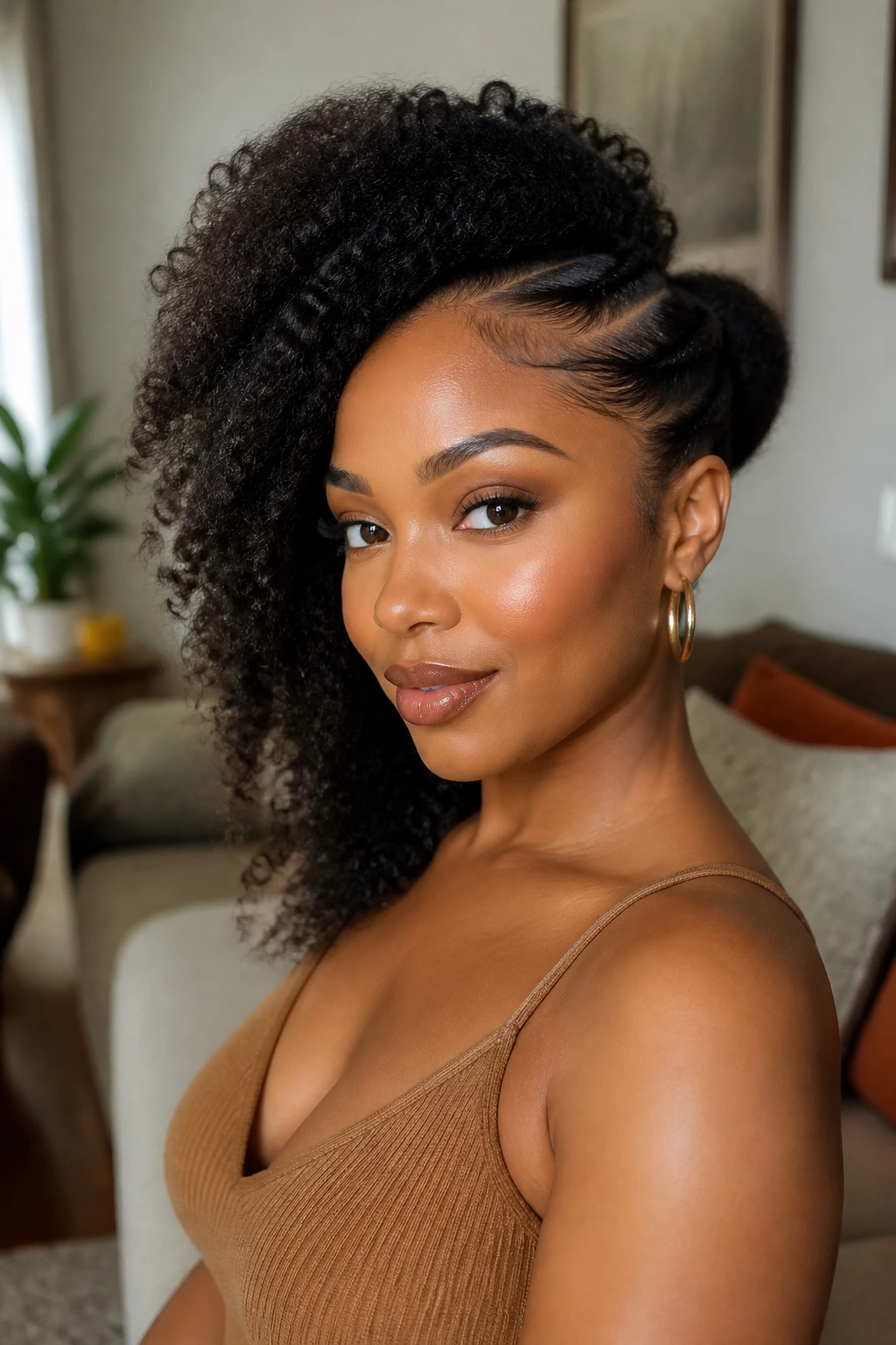 Profile of a real woman with a side puff sweeping over her shoulder.