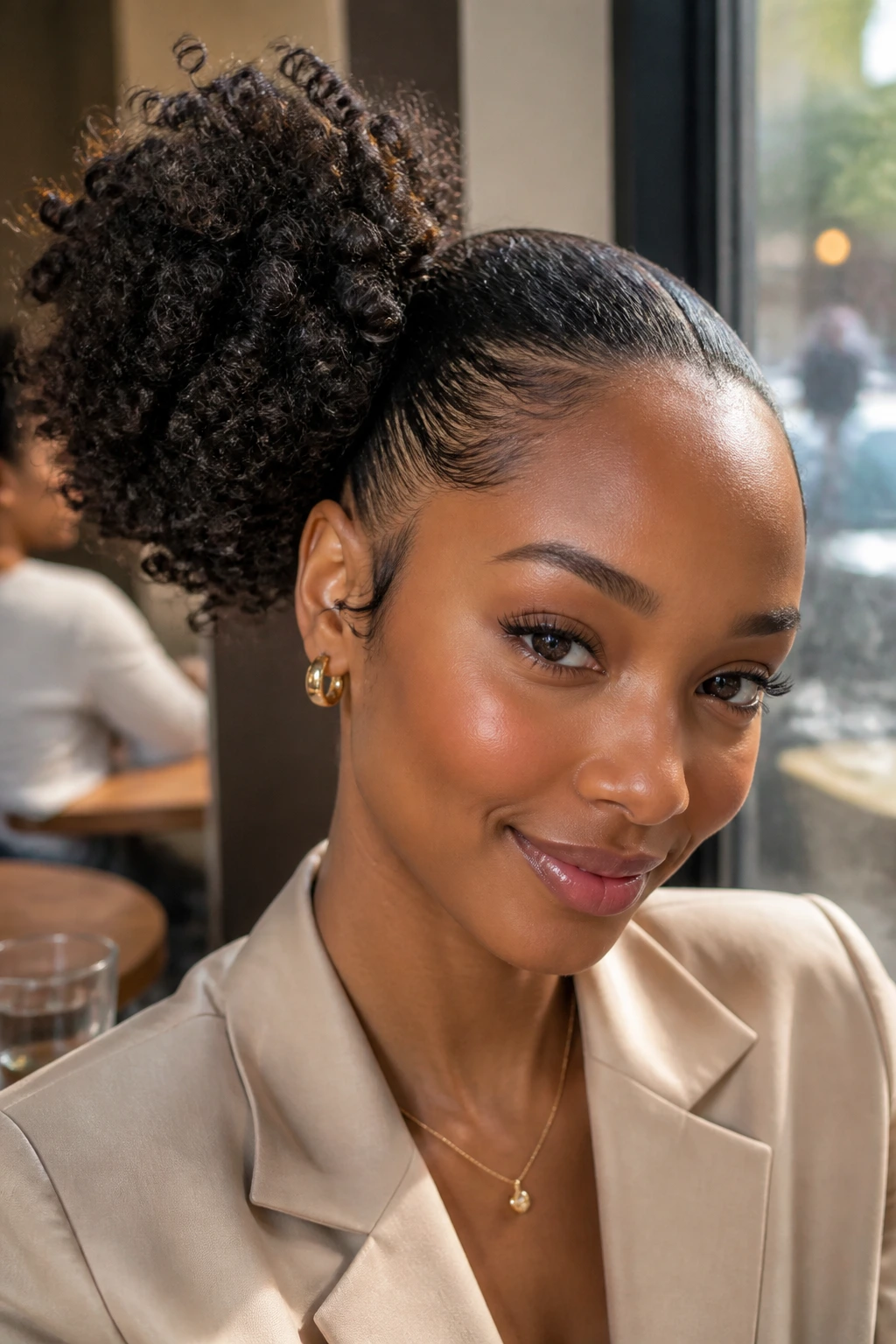 Close-up of a real woman with a side puff and swooped edges in a chic cafe setting