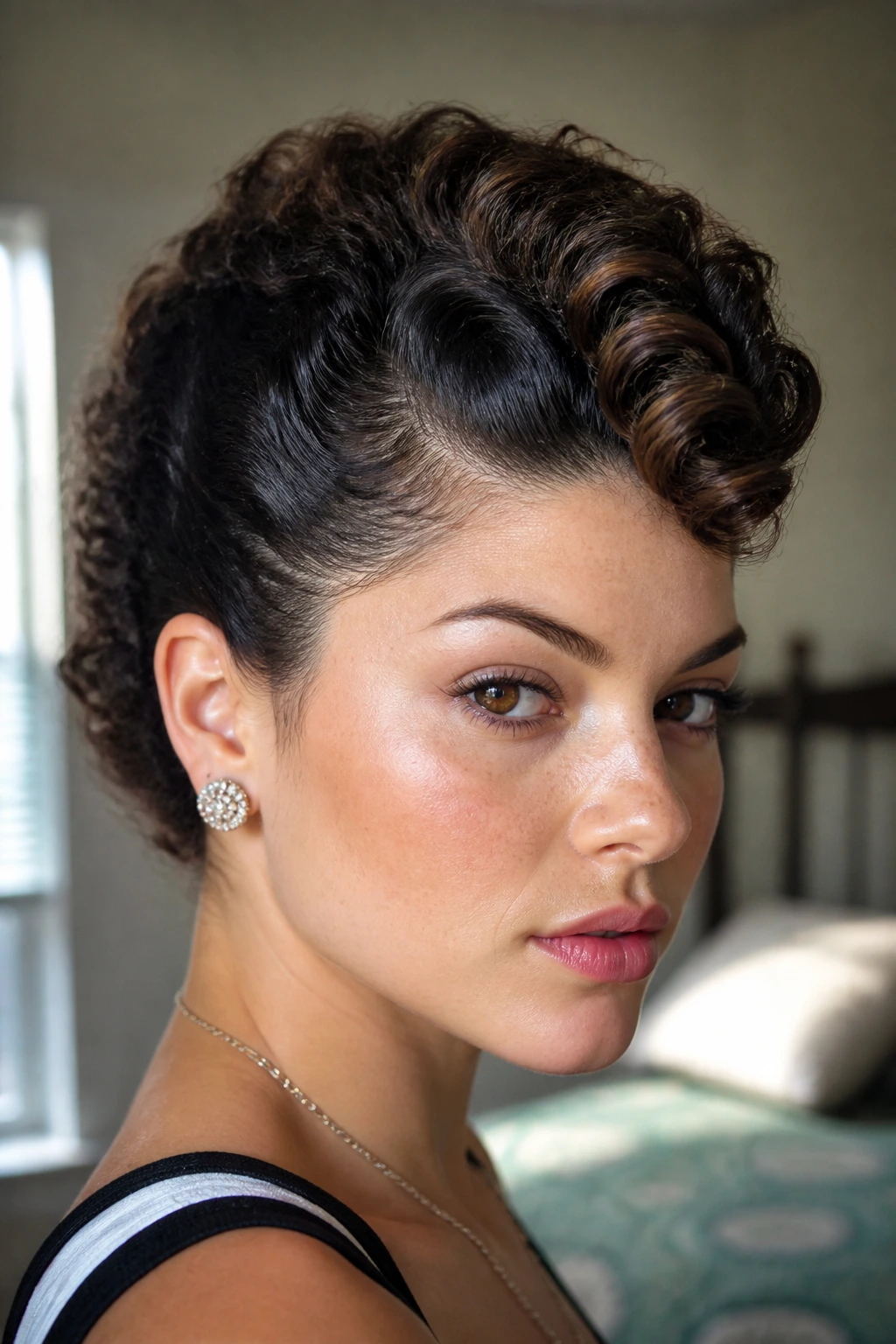 Close-up of real person with side-roll retro hawk hairstyle featuring tucked sides and central ridge