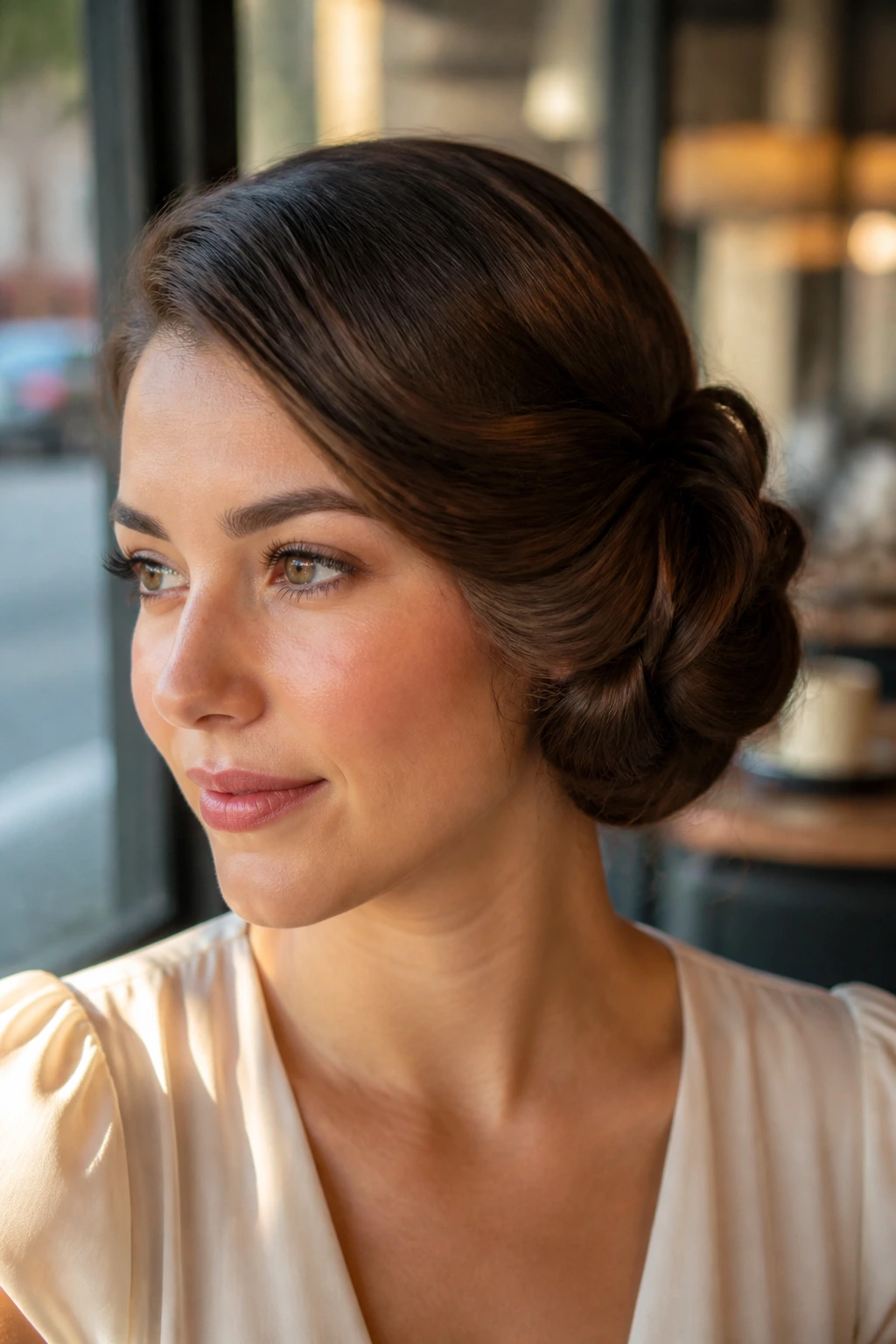 Close-up of Side Roll Updo on a real woman with a side-swept roll