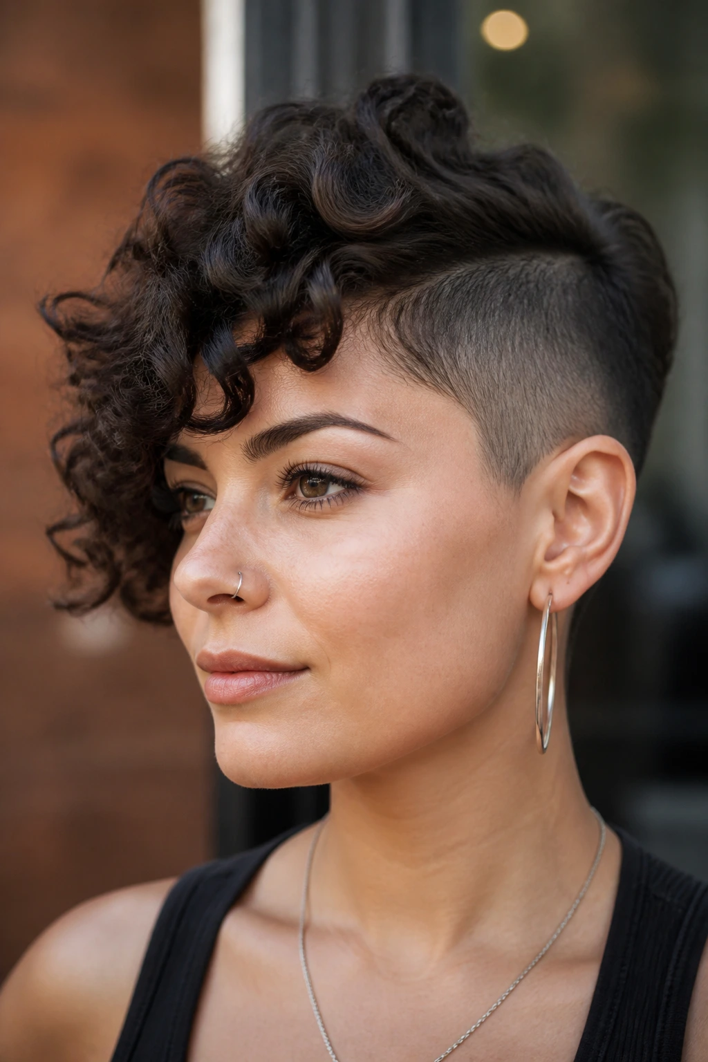 Portrait of a person with side-shave pixie hairstyle