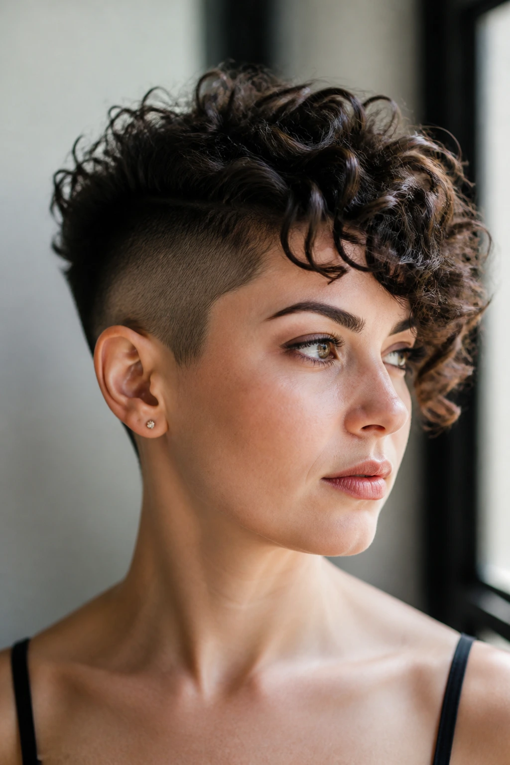 Close-up of a real woman with a side-shave pixie, one shaved side and longer curly crown.