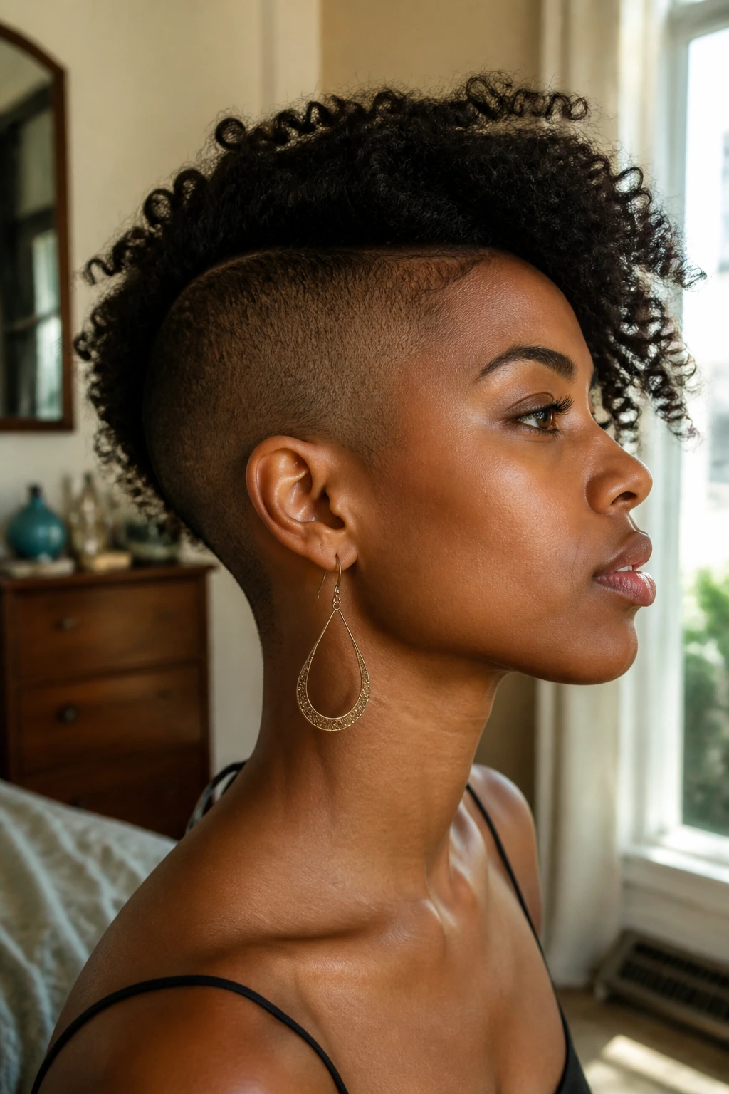 Profile portrait highlighting shaved side and longer top changing silhouette