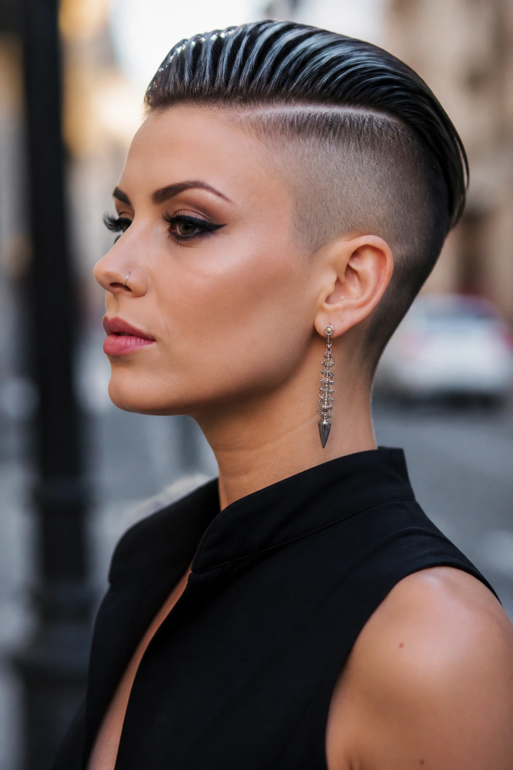 Portrait of a woman with a high-contrast side shave and slick top