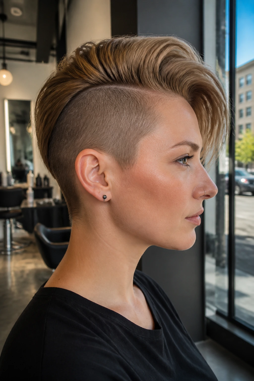 Profile portrait of a real woman with side shave and top sweep in a modern salon