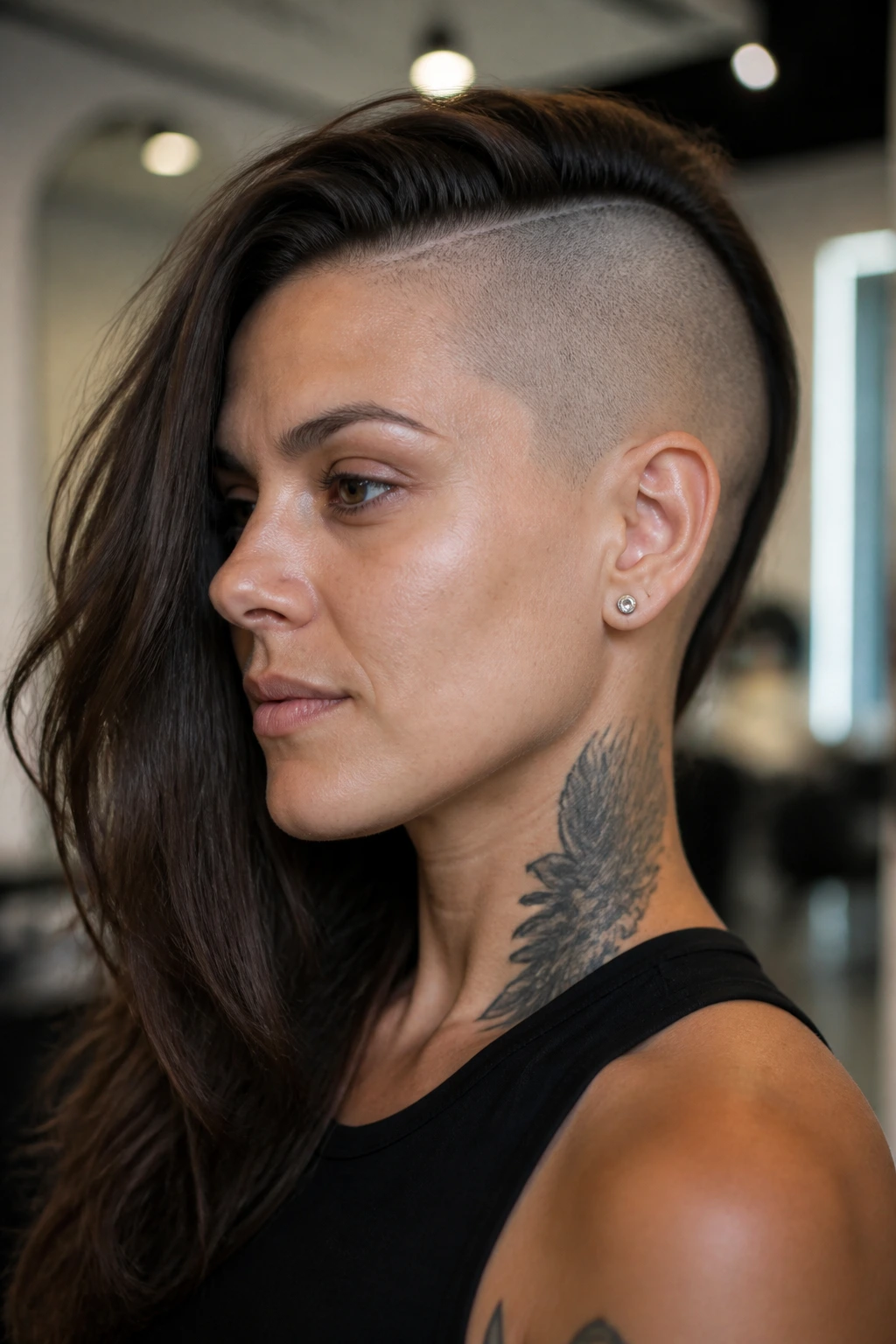 Real person with a full side shave showing bold contrast between shaved and long hair.