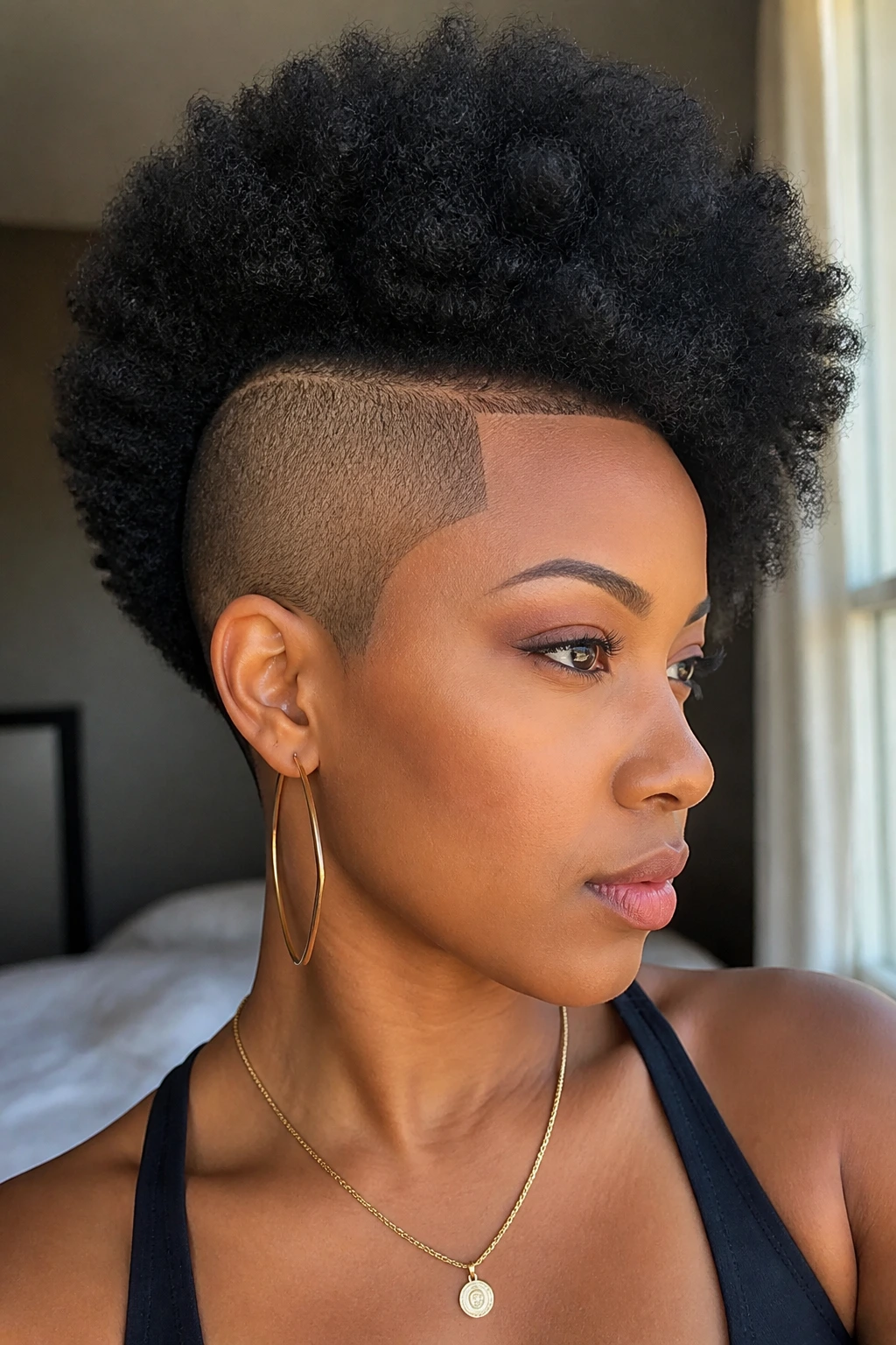 Close-up portrait of a woman with a side-shaved Afro and defined shape-up.