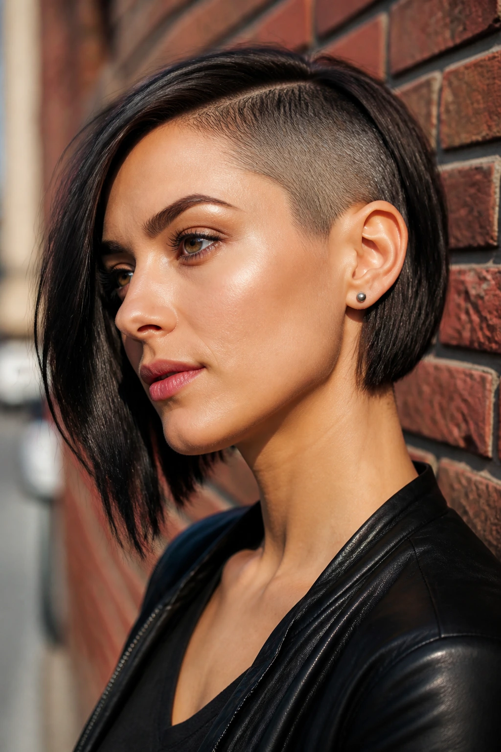 Real woman with side-shaved asymmetrical bob against brick wall