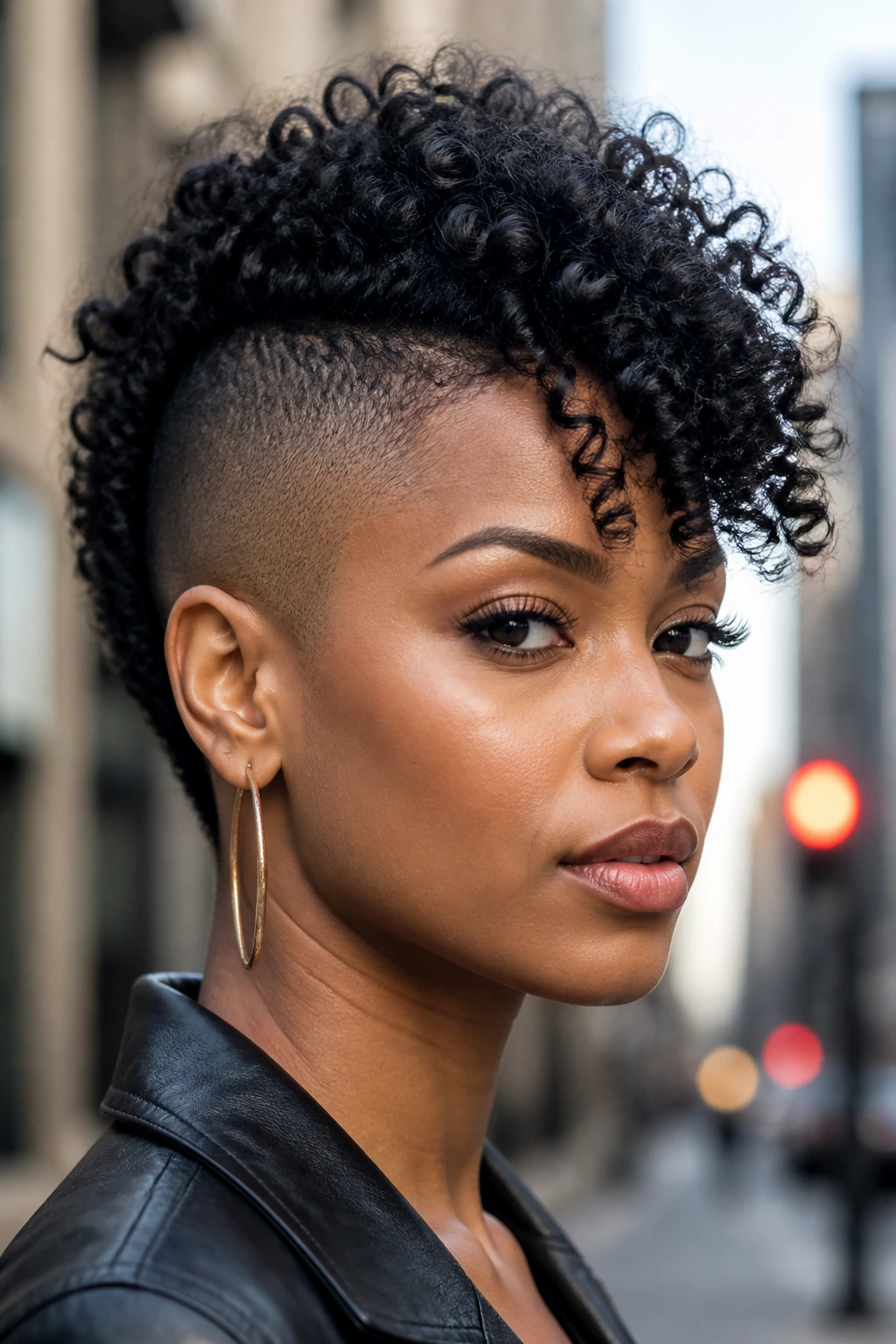 Portrait of a woman with a side-shaved curly mohawk