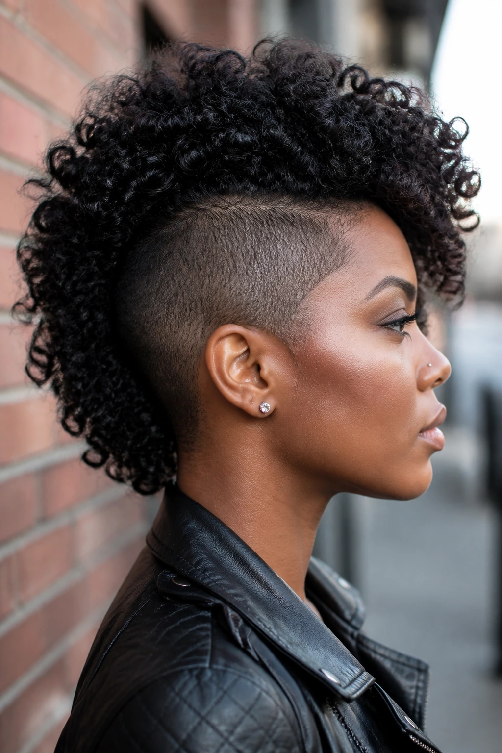 Side-profile portrait of a real person with side-shaved curly mohawk against brick wall