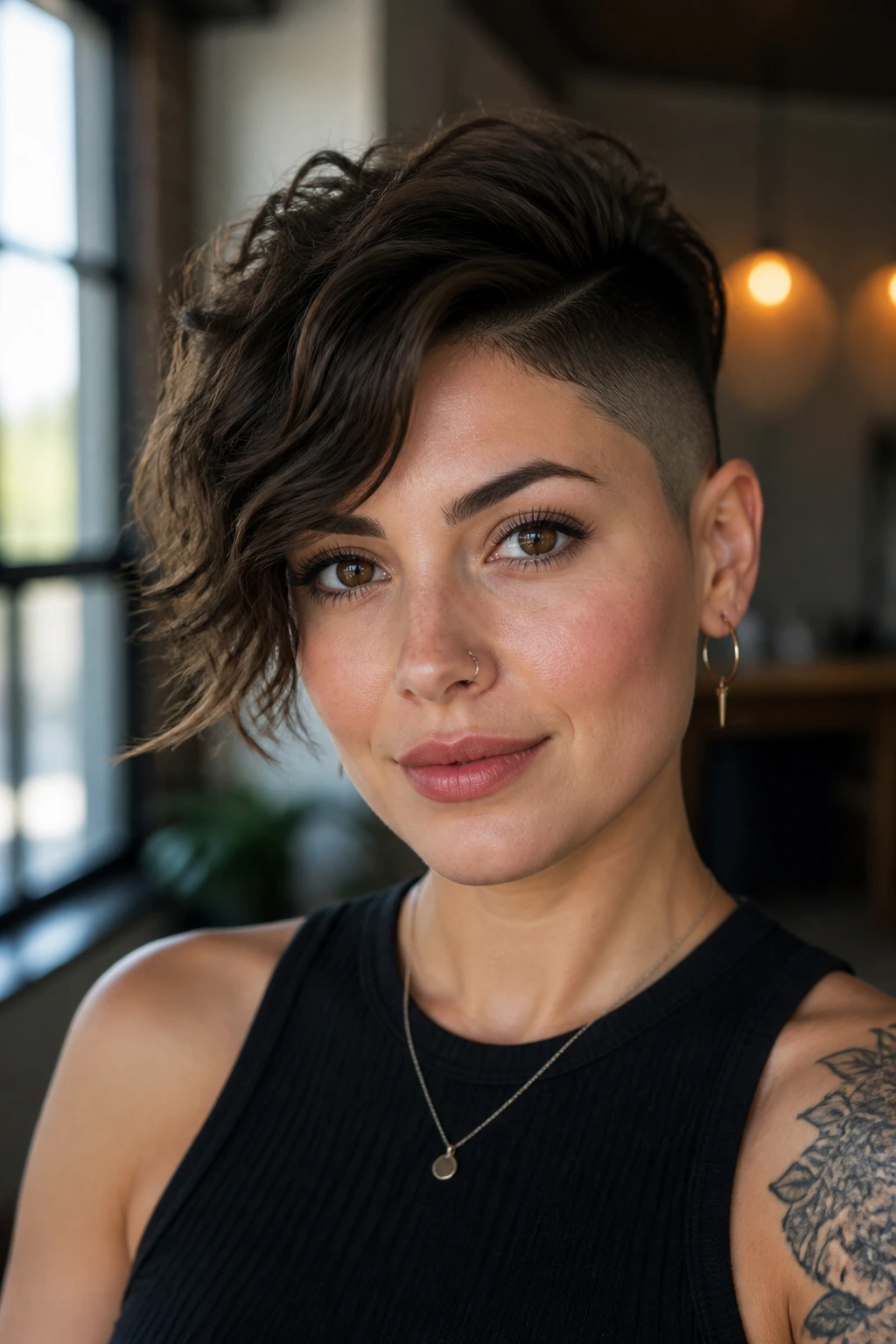 Close-up portrait of a real woman with a side-shaved pixie and wavy crown in natural light