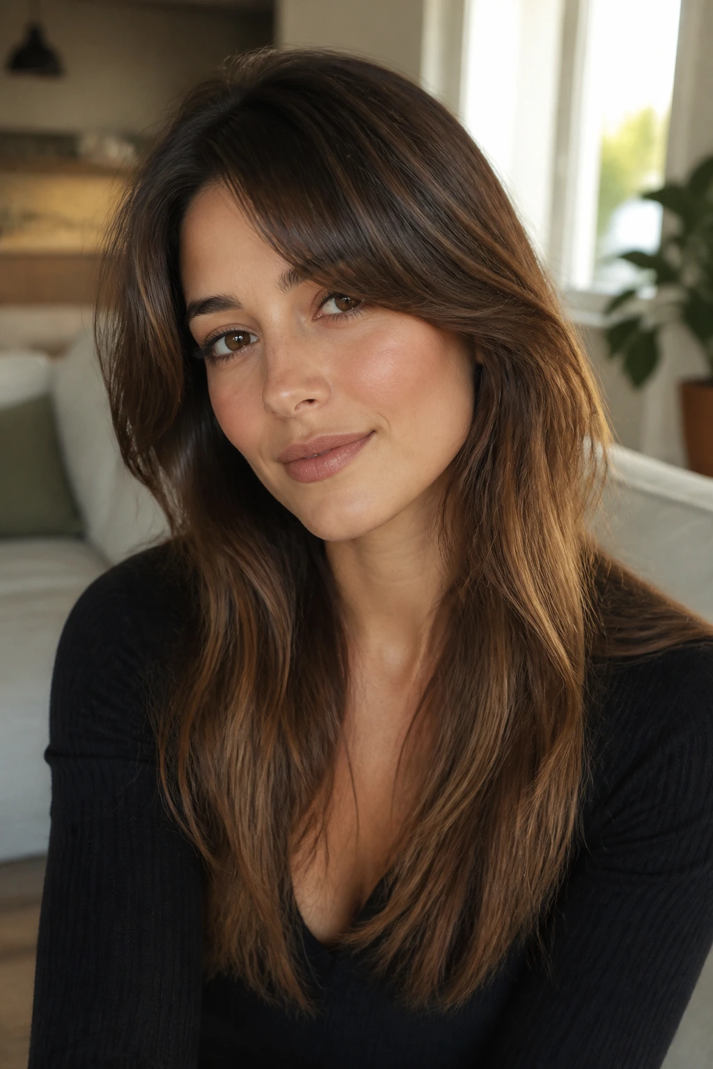 Portrait of a real woman wearing side-shifted curtain bangs with a soft, diagonal front