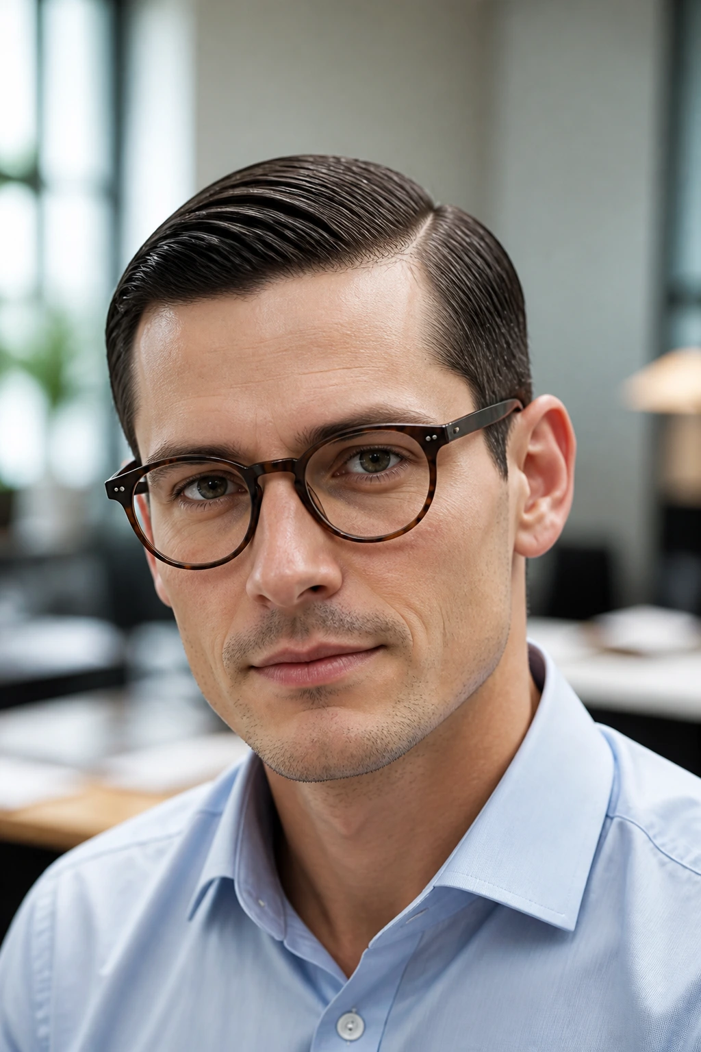 Close-up portrait of a man wearing glasses with a side-slick comb over.
