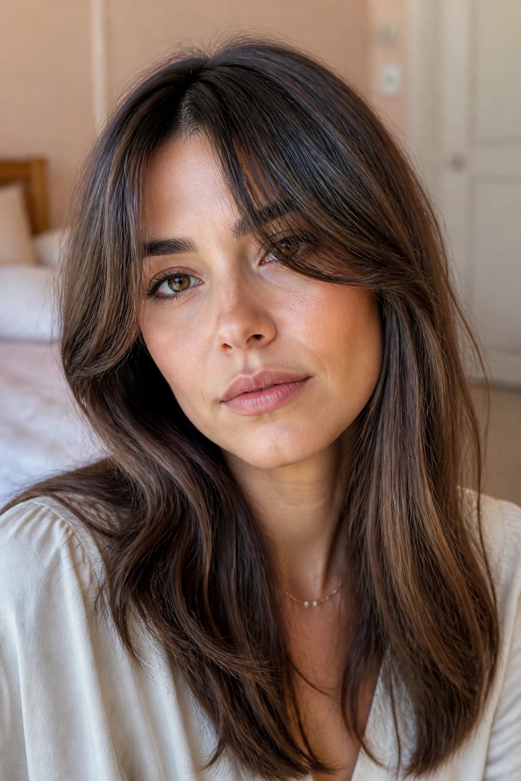 Close-up of a real woman with side-soft center part bangs in natural morning light.