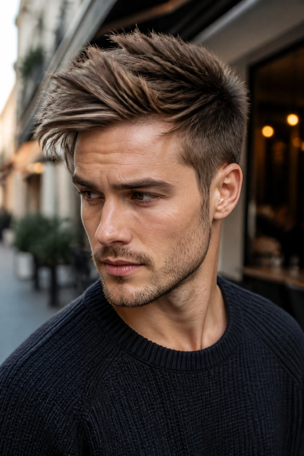 Man with side-spiked sweep hairstyle in an urban setting