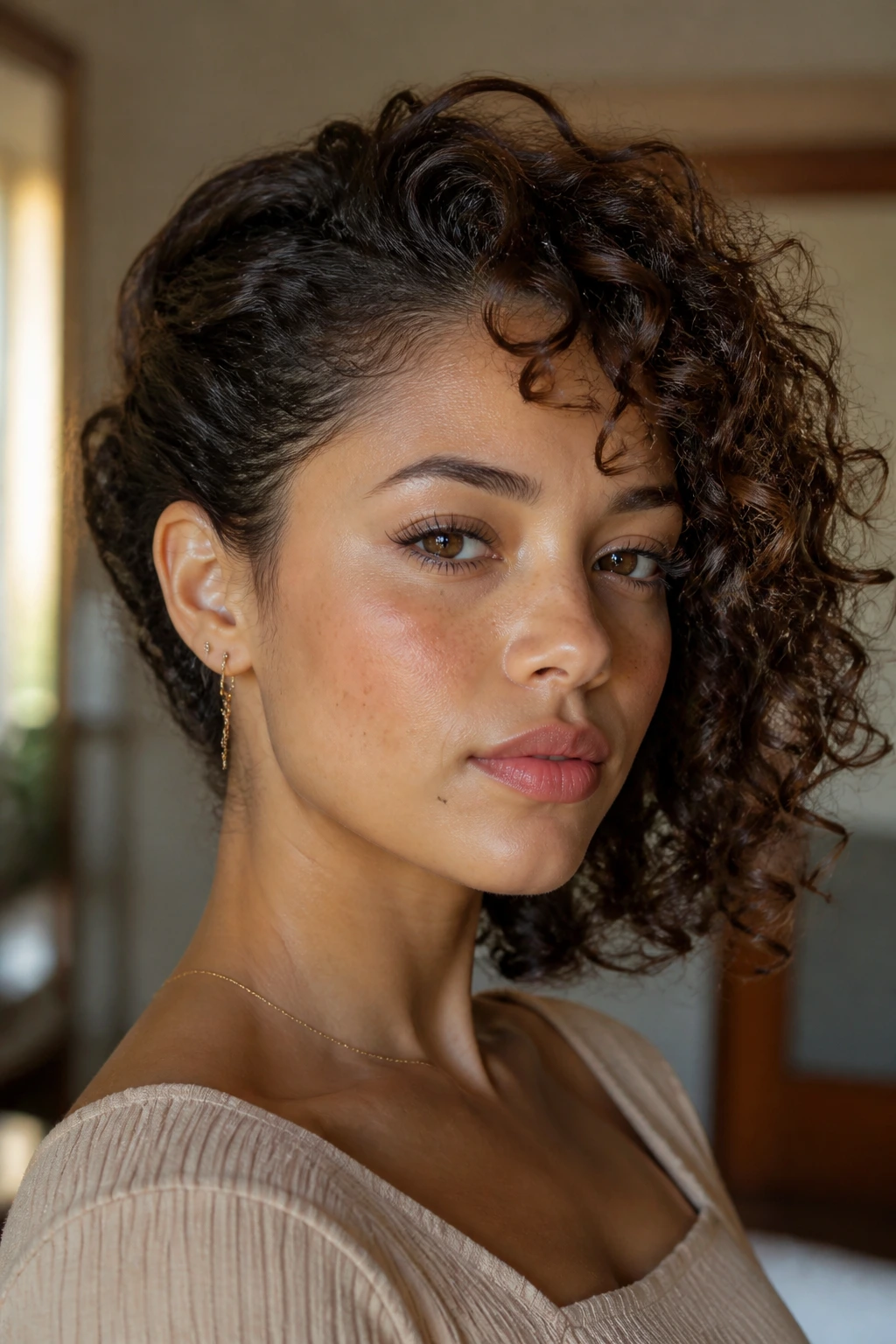 Close-up of a real person with a side-stacked curl tuck, creating a rounded silhouette