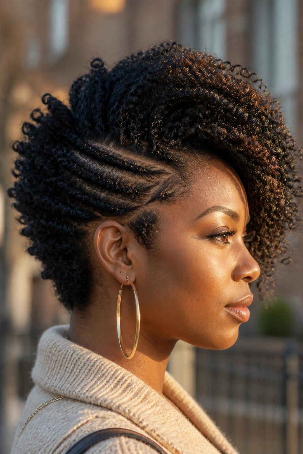 Close-up of a Black woman with a side-stacked twist-out on a city street at golden hour