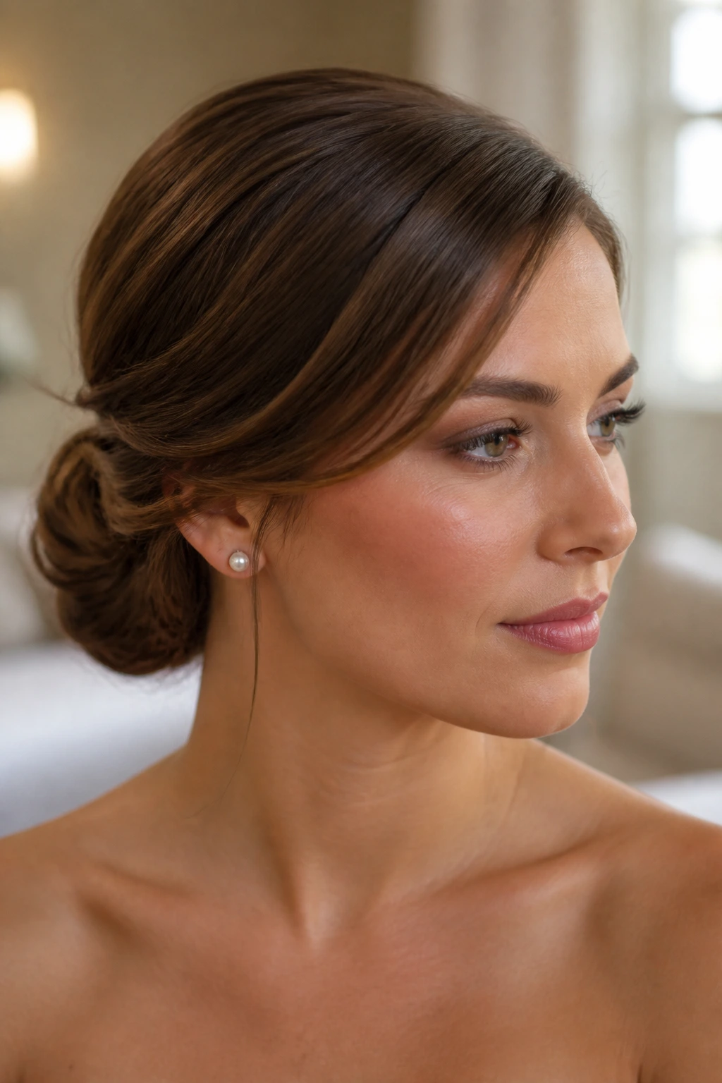 Close-up of a real person's low bun with a side-swept strand