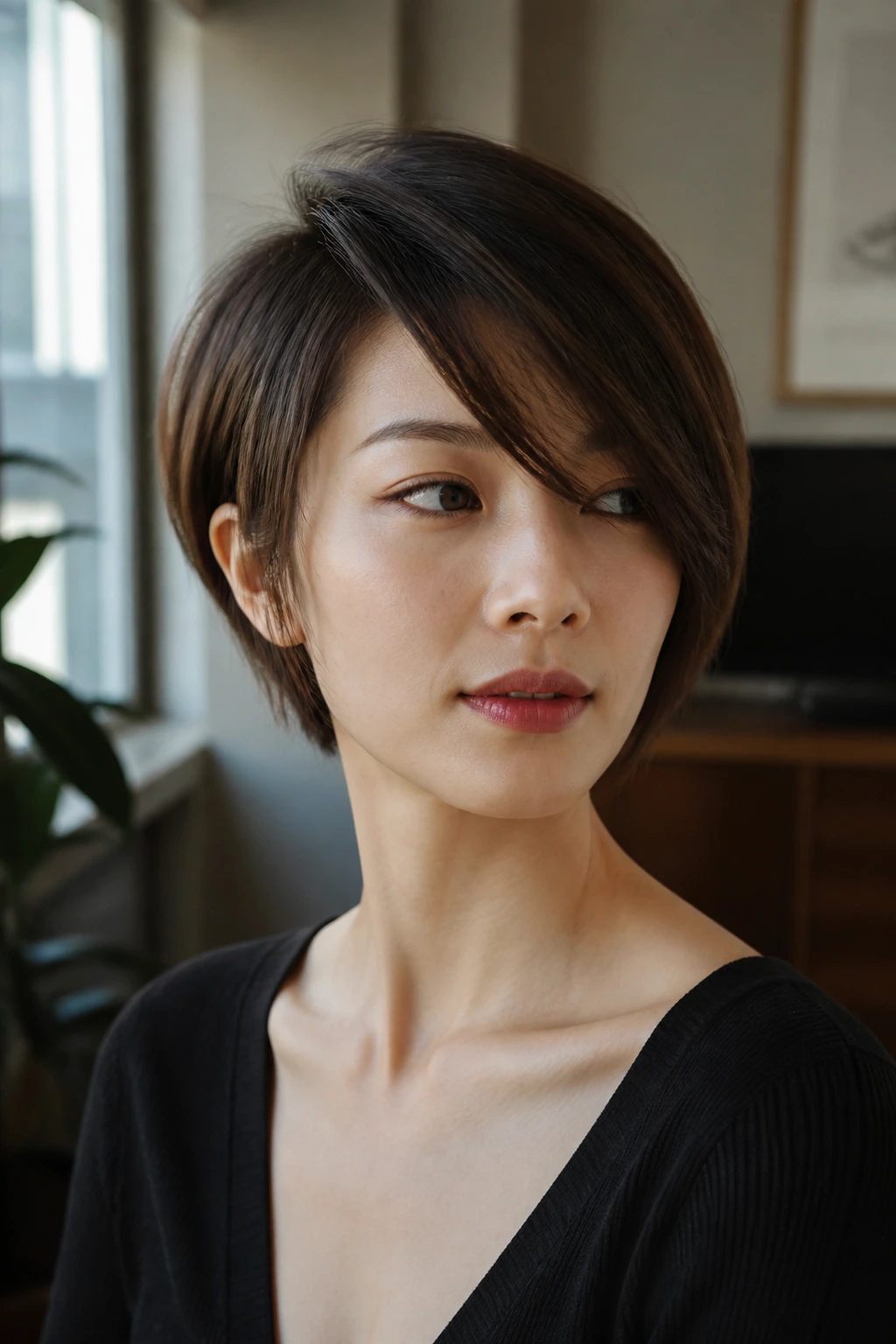 Close-up of Asian woman showing a pronounced side sweep changing silhouette