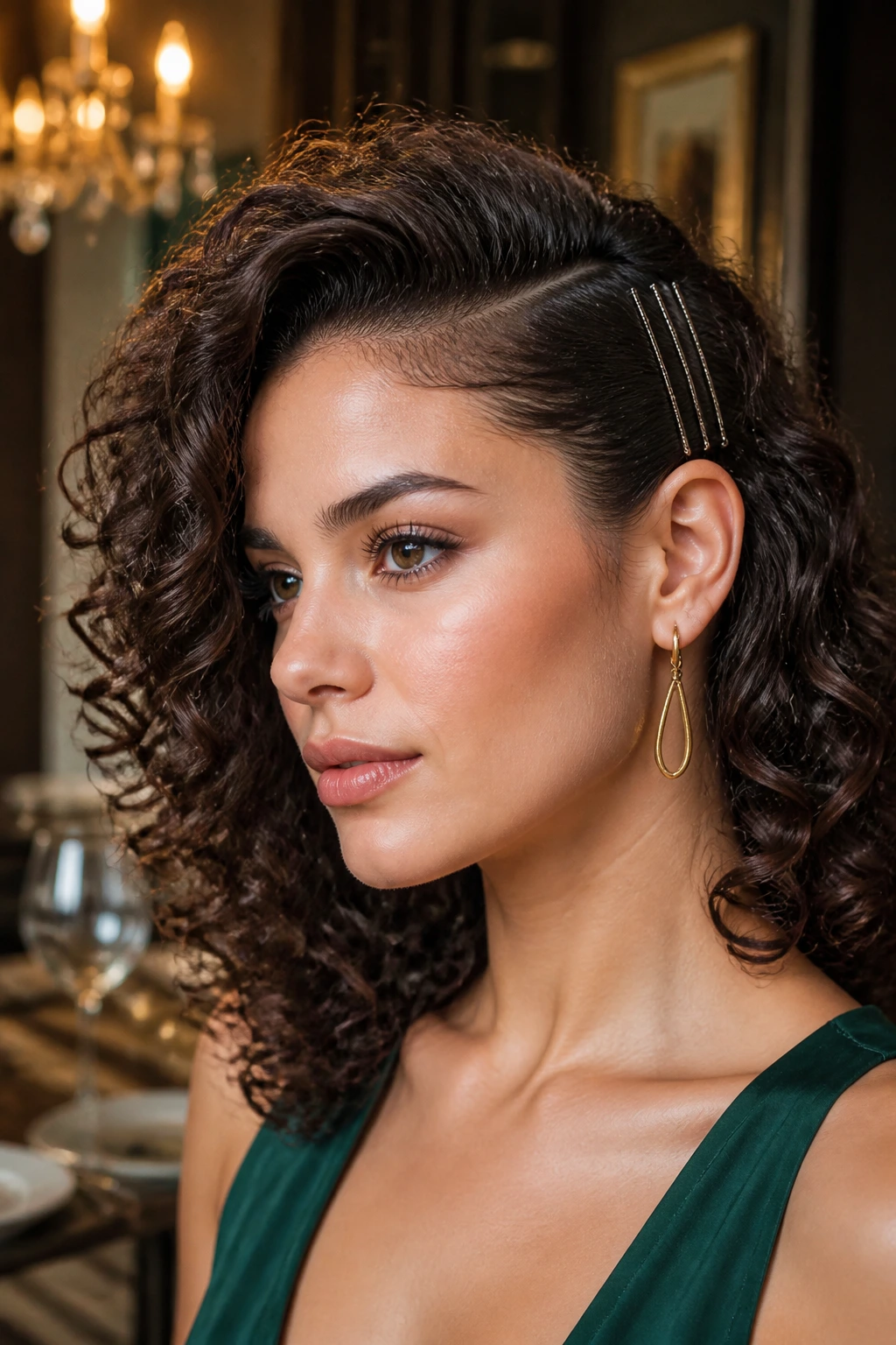 Deep Side Sweep with Bobby Pin Sweep close-up portrait of a real woman with side-swept curls and pins behind the ear