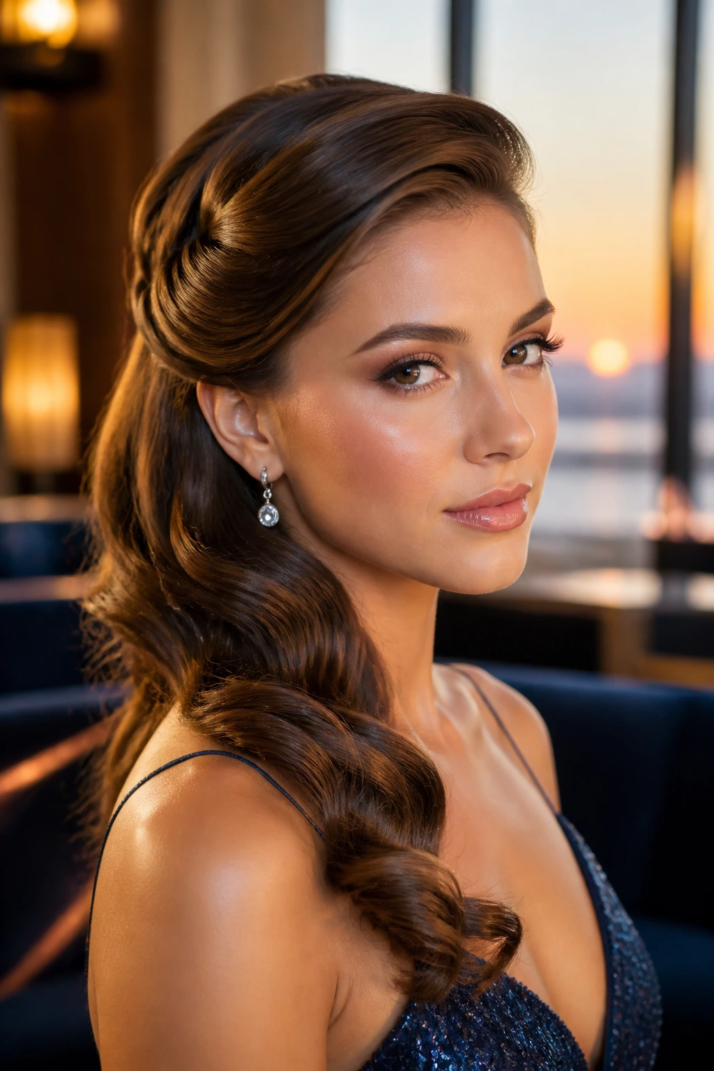 Close-up of a real person with a deep side part and side-swept half-up hairstyle