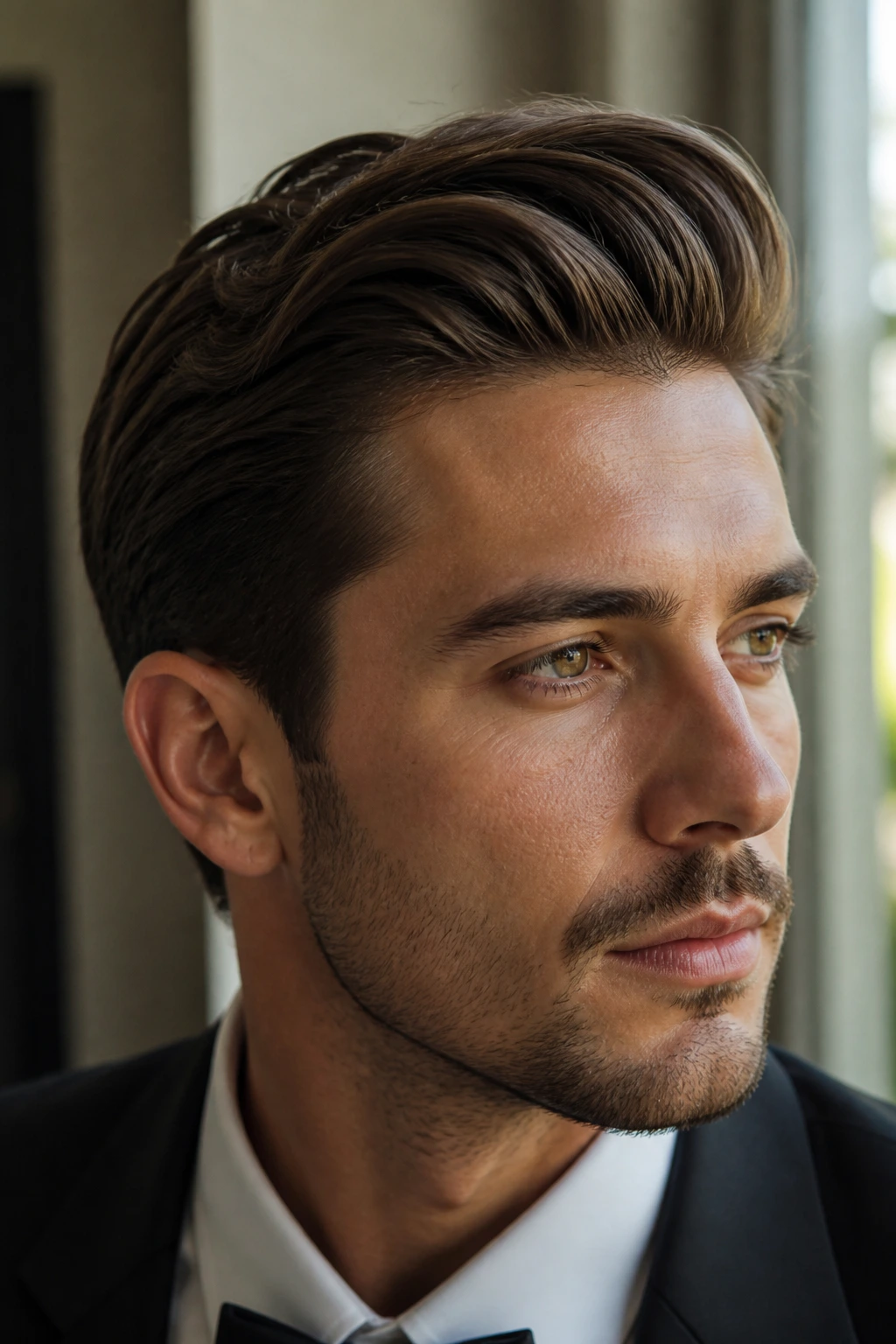 Portrait of a man with a slick side sweep showing natural texture