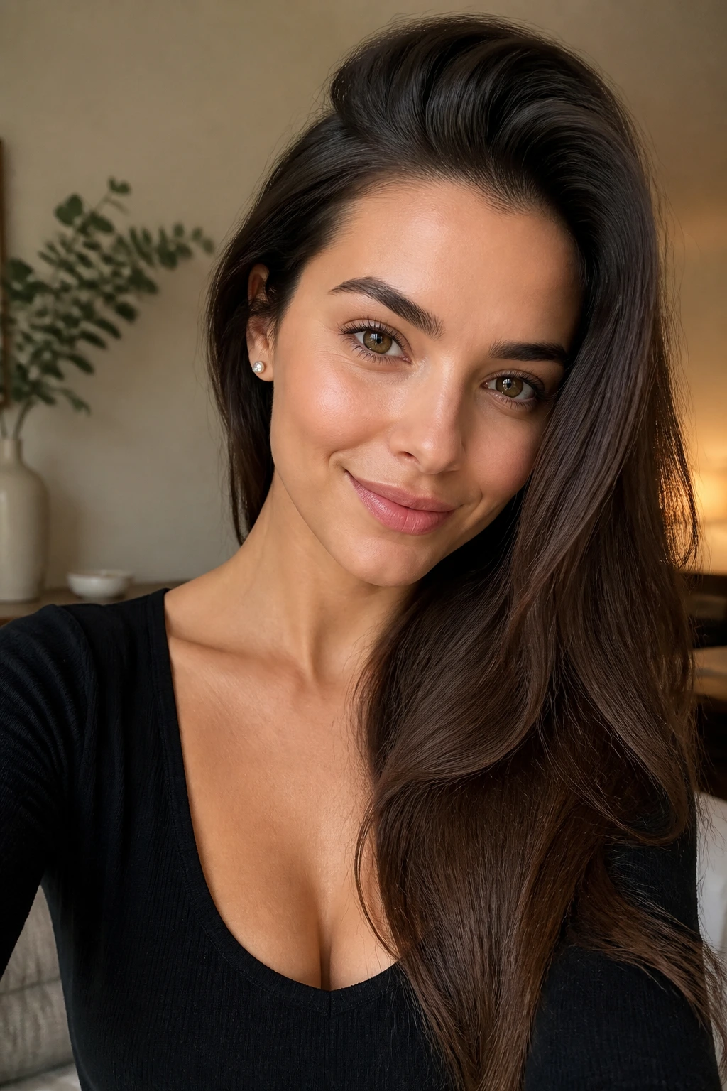 Close-up of a real woman with a side-swept hairstyle and root volume.