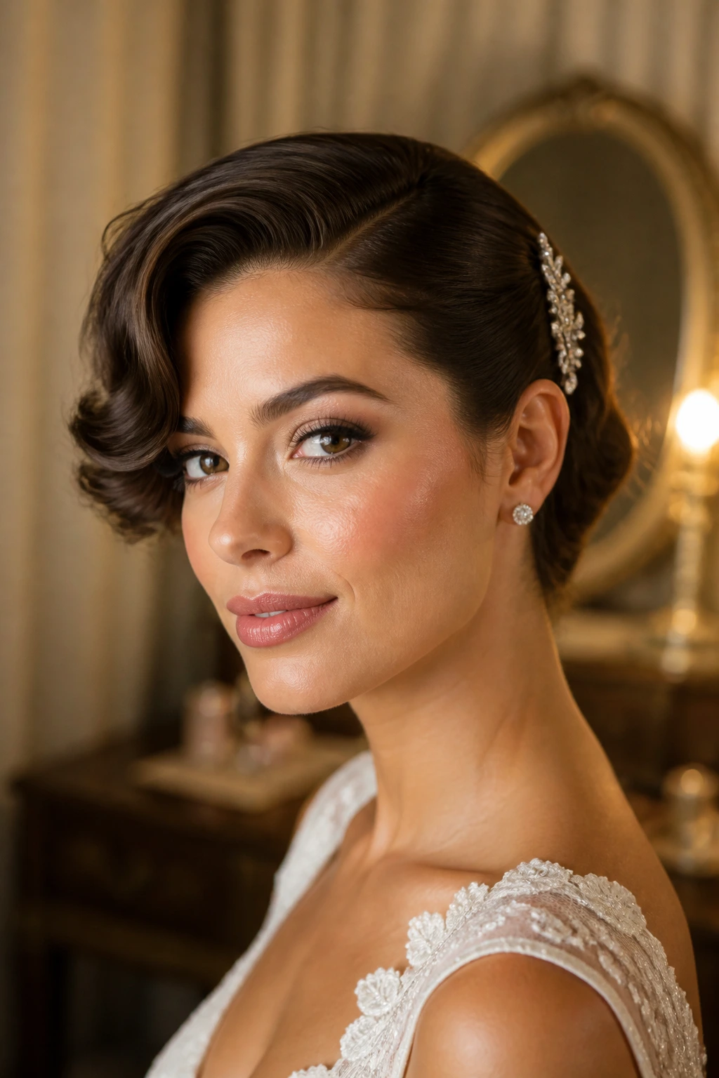 Close-up portrait of a real woman with an old-Hollywood side sweep hairstyle