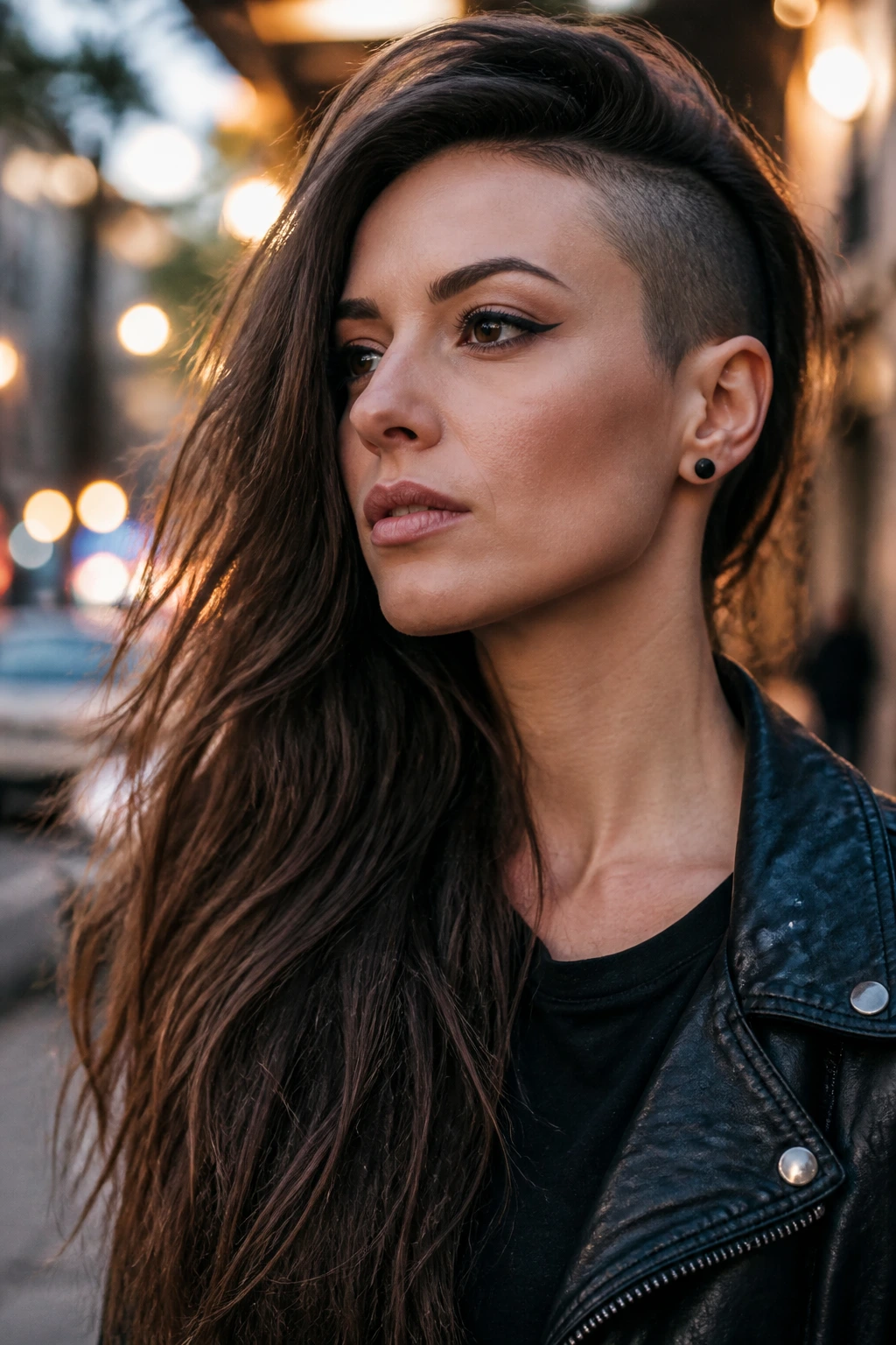 Portrait of a woman with a deep side part and visible shaved undercut on the opposite side