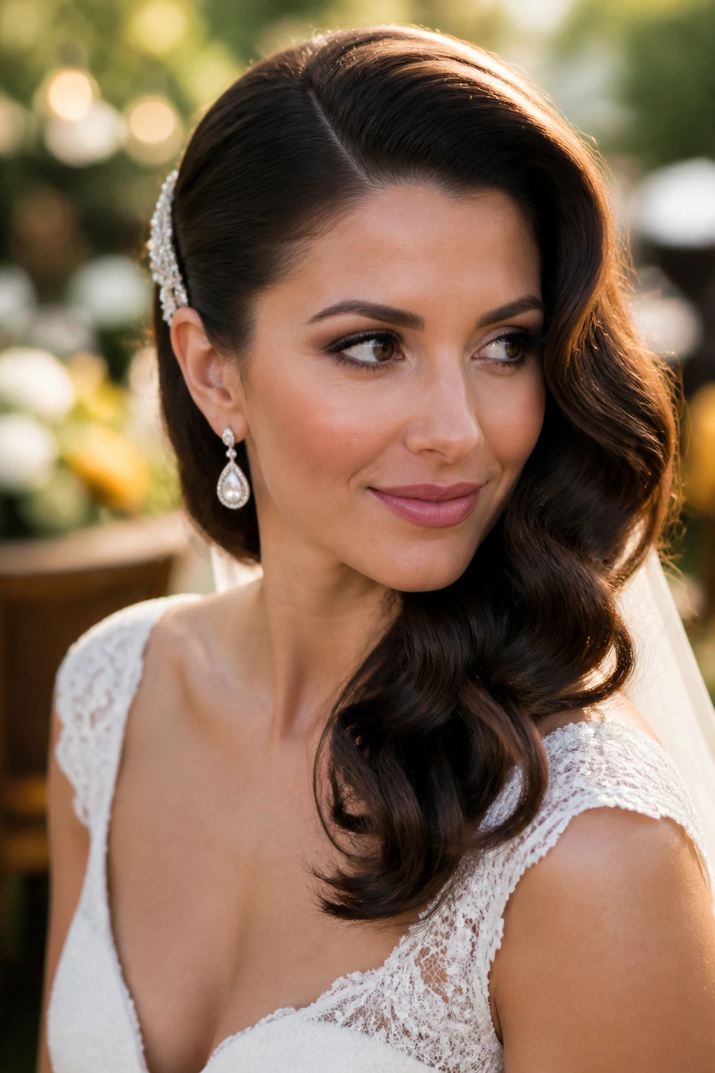 Bride with Old-Hollywood side sweep hairstyle, deep side part and pinned side