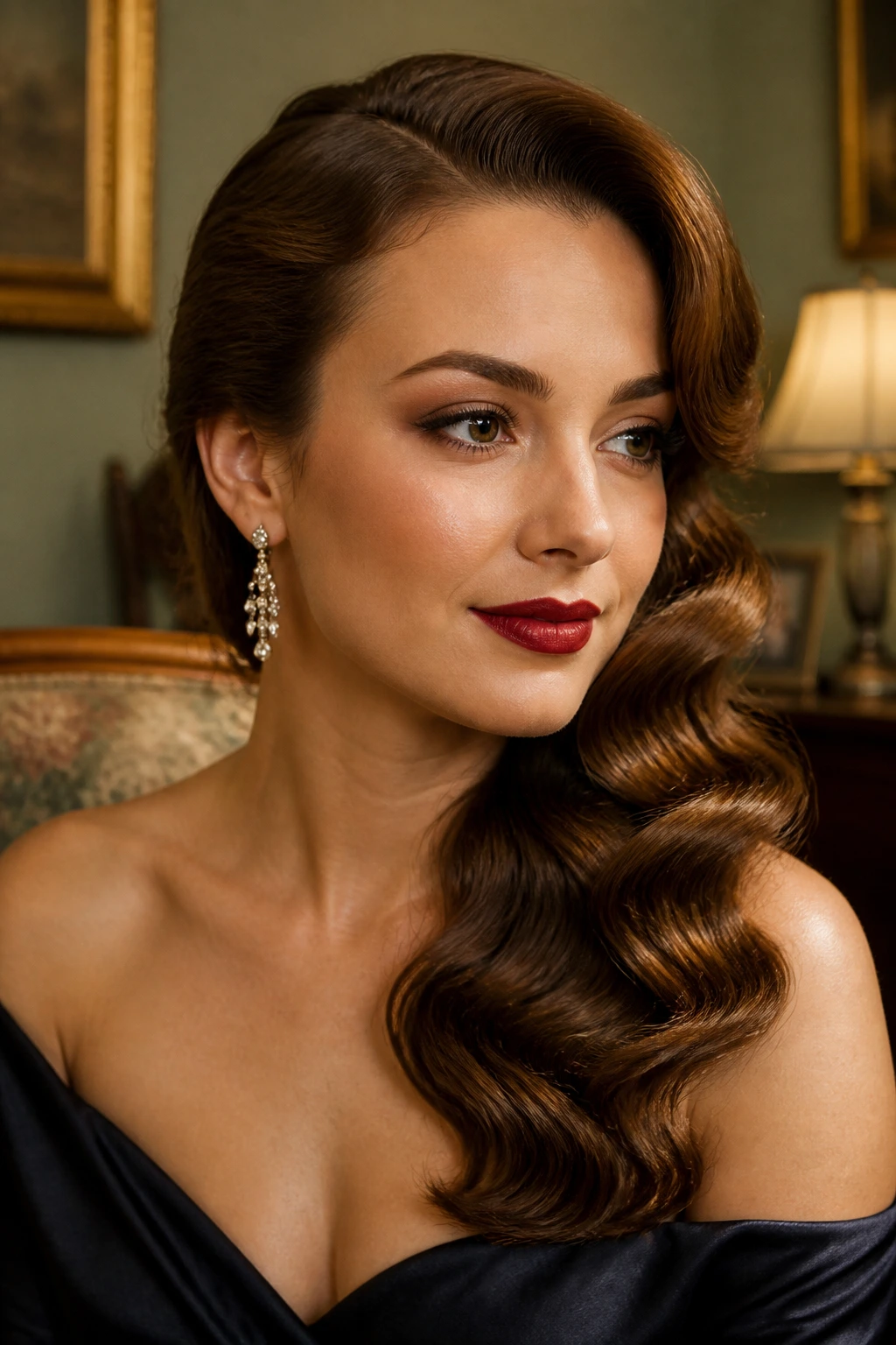 Close-up of a real woman's side-swept glamorous waves hairstyle