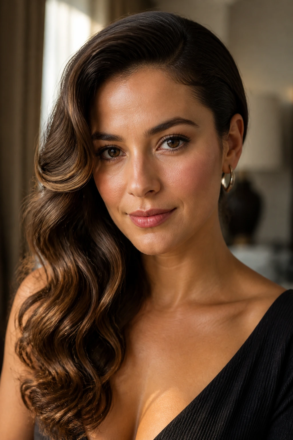 Close-up of a real woman with a soft Hollywood side sweep of waves.