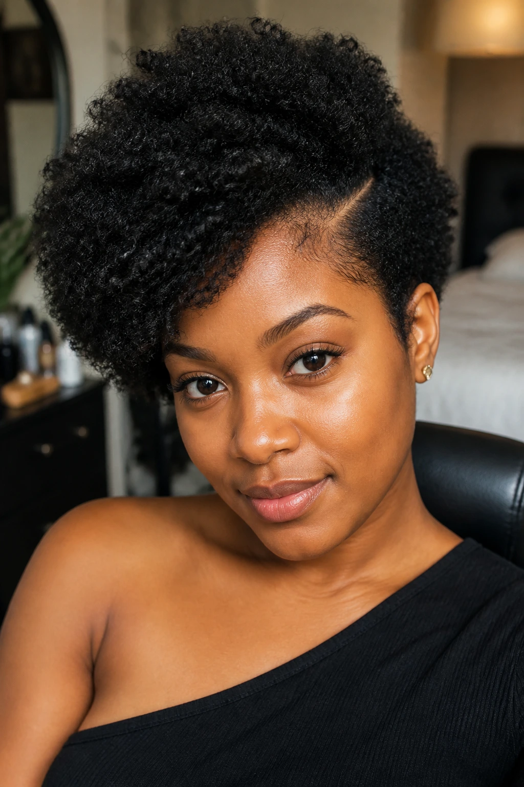 Close-up of a Black woman with a side-swept front Afro.