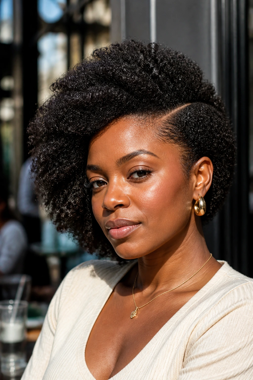 Real woman with side-swept afro and soft line