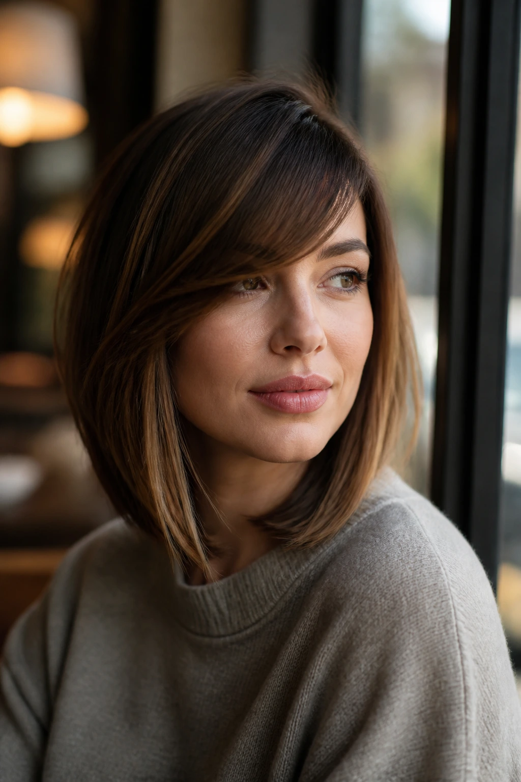 Portrait of real person with side-swept bangs integrated into a lob.