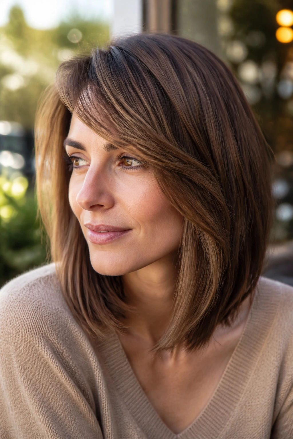 Close-up portrait of a real woman with side-swept bangs lob