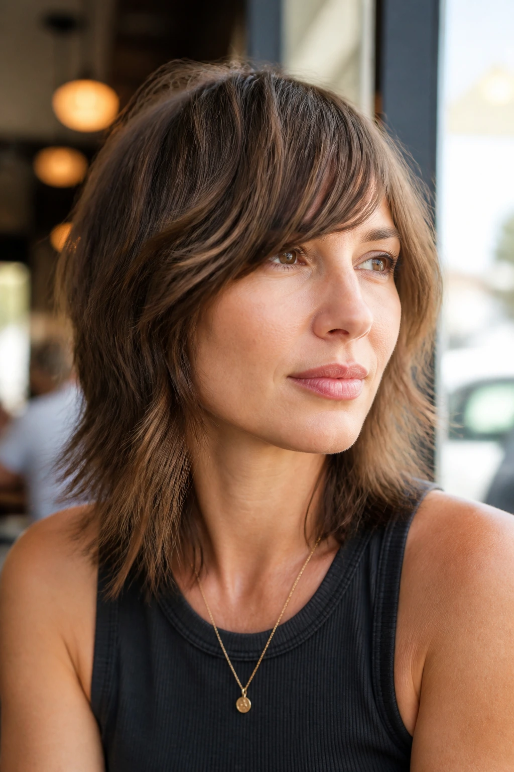 Close-up of Side-Swept Bang Shag on a real person in a bright cafe