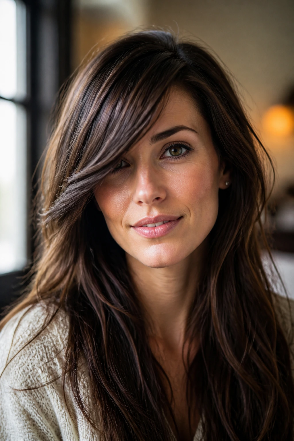 Close-up of side-swept long bangs on a real woman