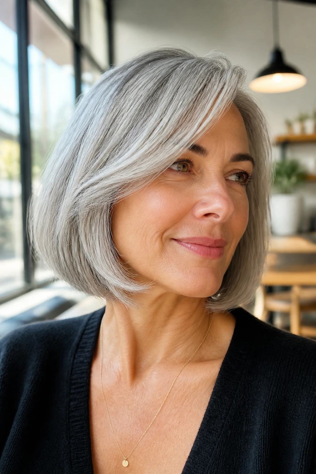 Close-up of a real woman with side-swept bangs bob in silver hair