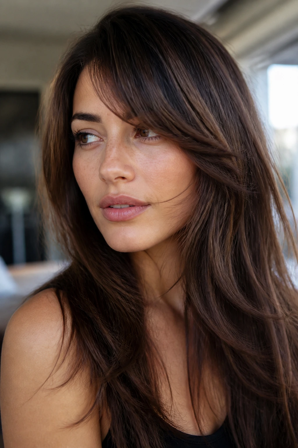 Real woman with side-swept bangs skimming the cheekbone