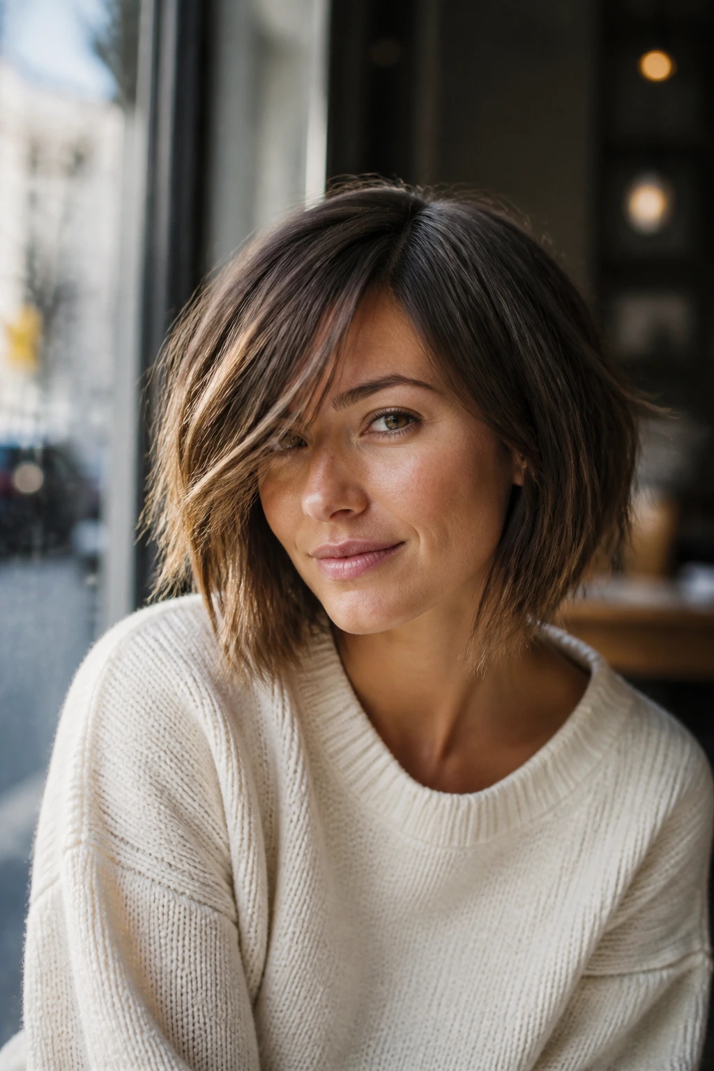 Close-up of a real person with a choppy bob and side-swept bangs
